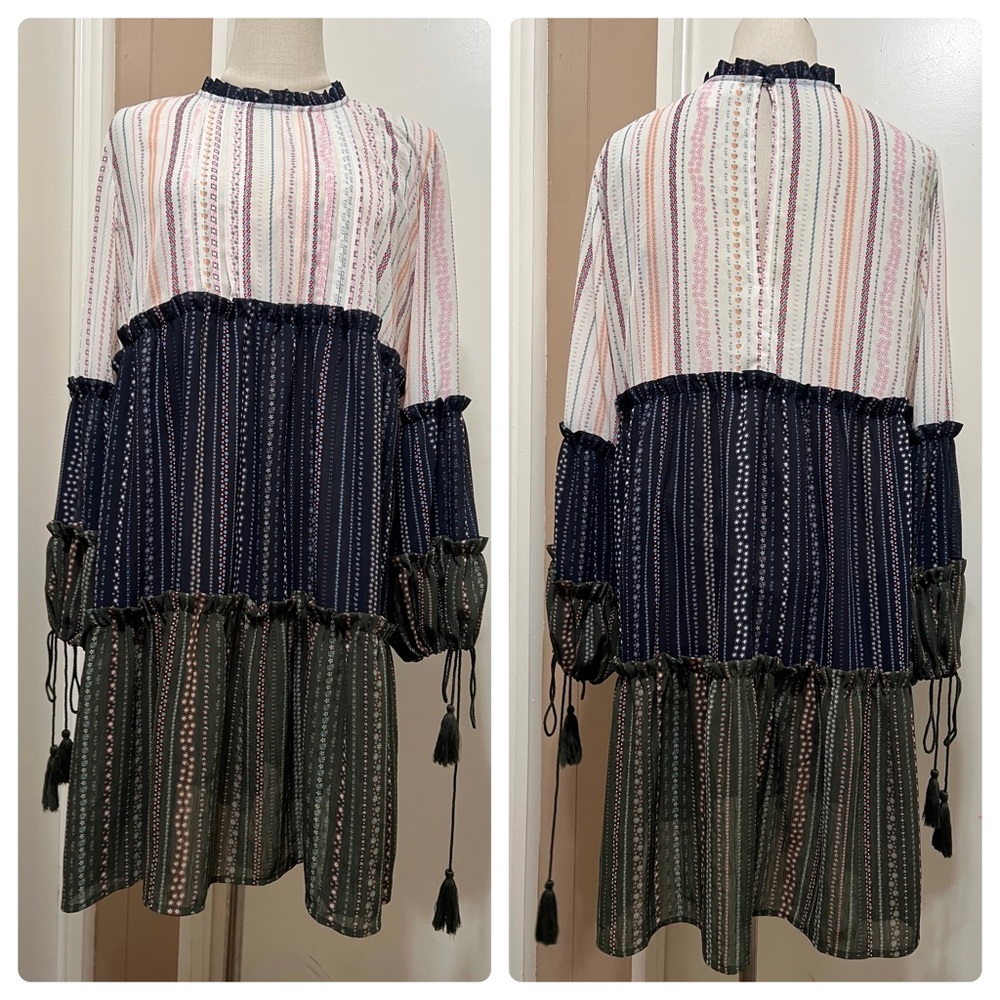 ALLISON NEW YORK Floral Tiered Tassel Dress Long Sleeve Boho Size L.